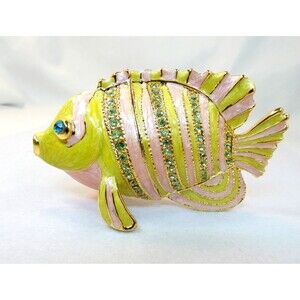 Bejeweled Enameled Gold  Yellow Pink Blue Fish Hinged Trinket Box Beautiful